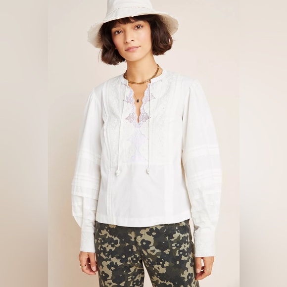 ANTHROPOLOGIE Cotton White Balloon SleeveBlouse Size 4 NWT - Picture 1 of 16